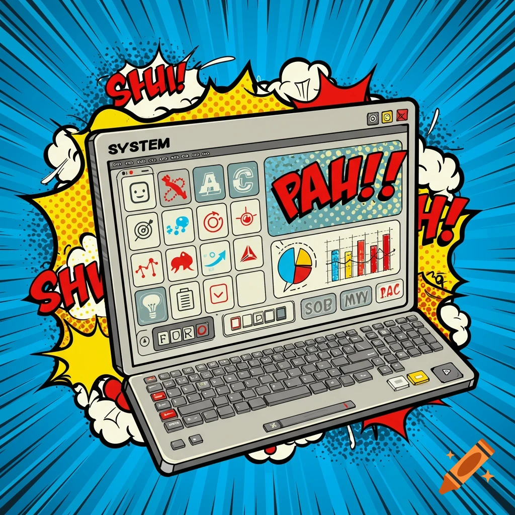 A comic book-style illustration of a laptop screen displaying a 'SYSTEM' window with various icons, charts, and text bubbles like 'PAH!!' and 'SHU!' on a blue radial background.