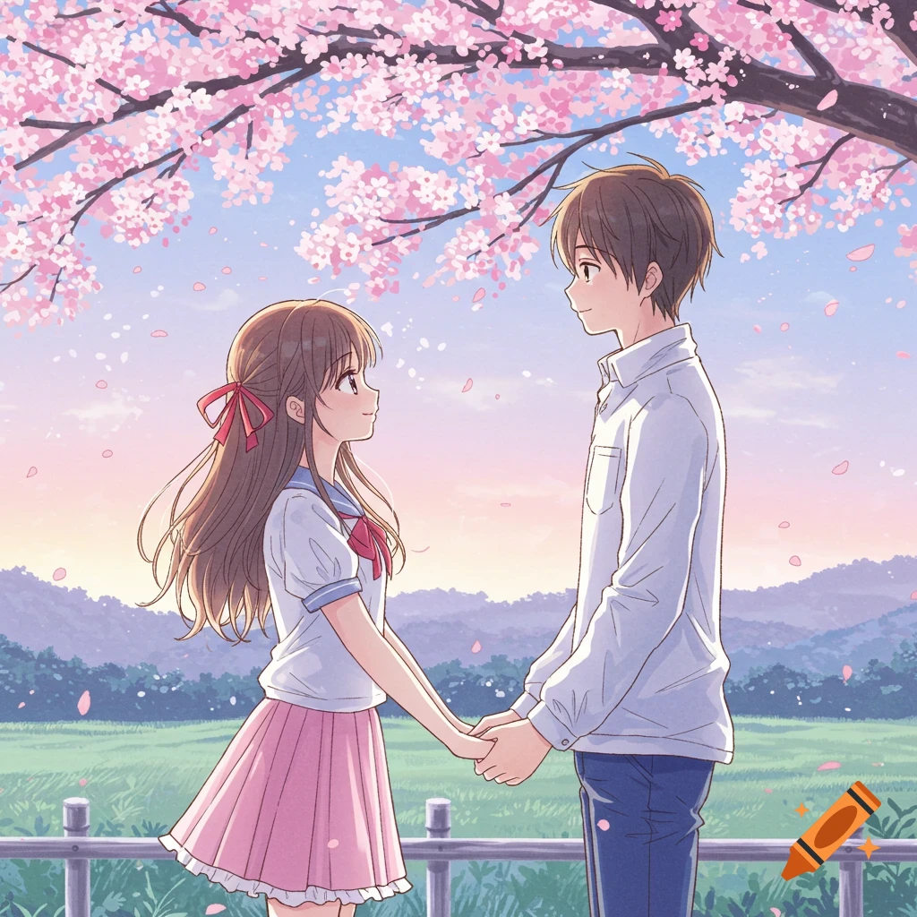 Anime couple holding hands under a cherry blossom tree, looking at each other in a pastel landscape.