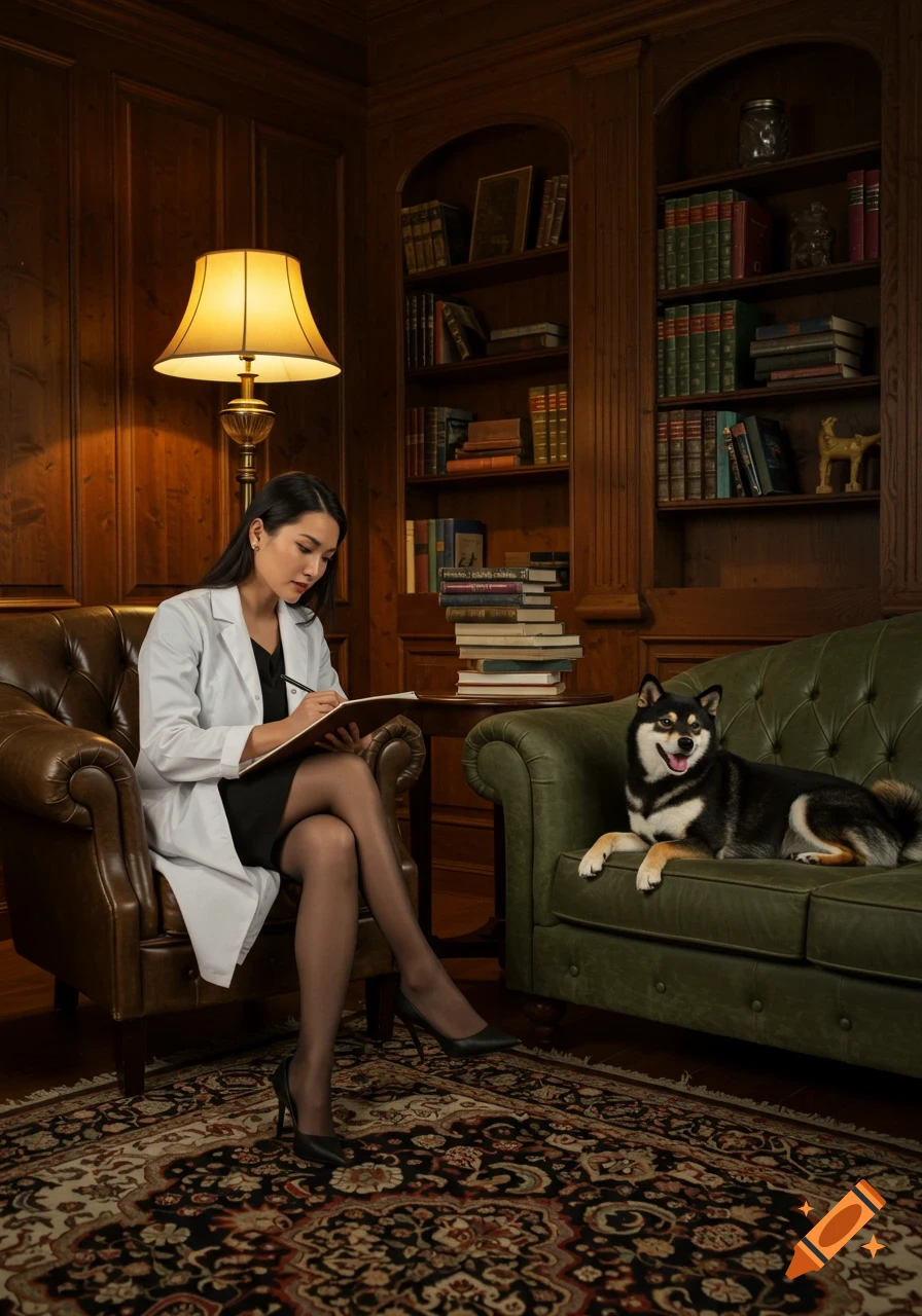 A female psychoanalyst writes in a notepad while a Shiba Inu lies on a couch in a wood-paneled office with bookshelves.