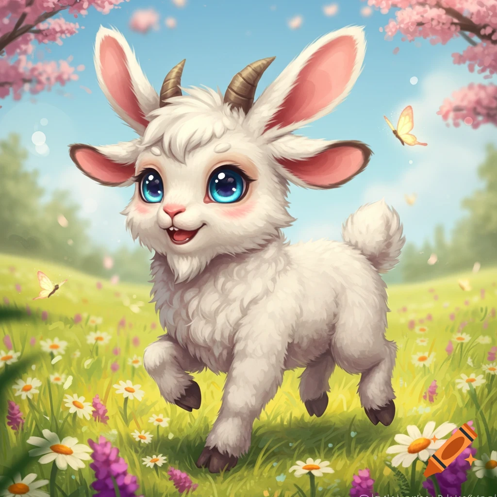 A cute, fluffy white goat-bunny-puppy hybrid with large blue eyes smiles and runs through a sunny spring meadow filled with wildflowers and pink cherry blossoms. Cartoon illustration.
