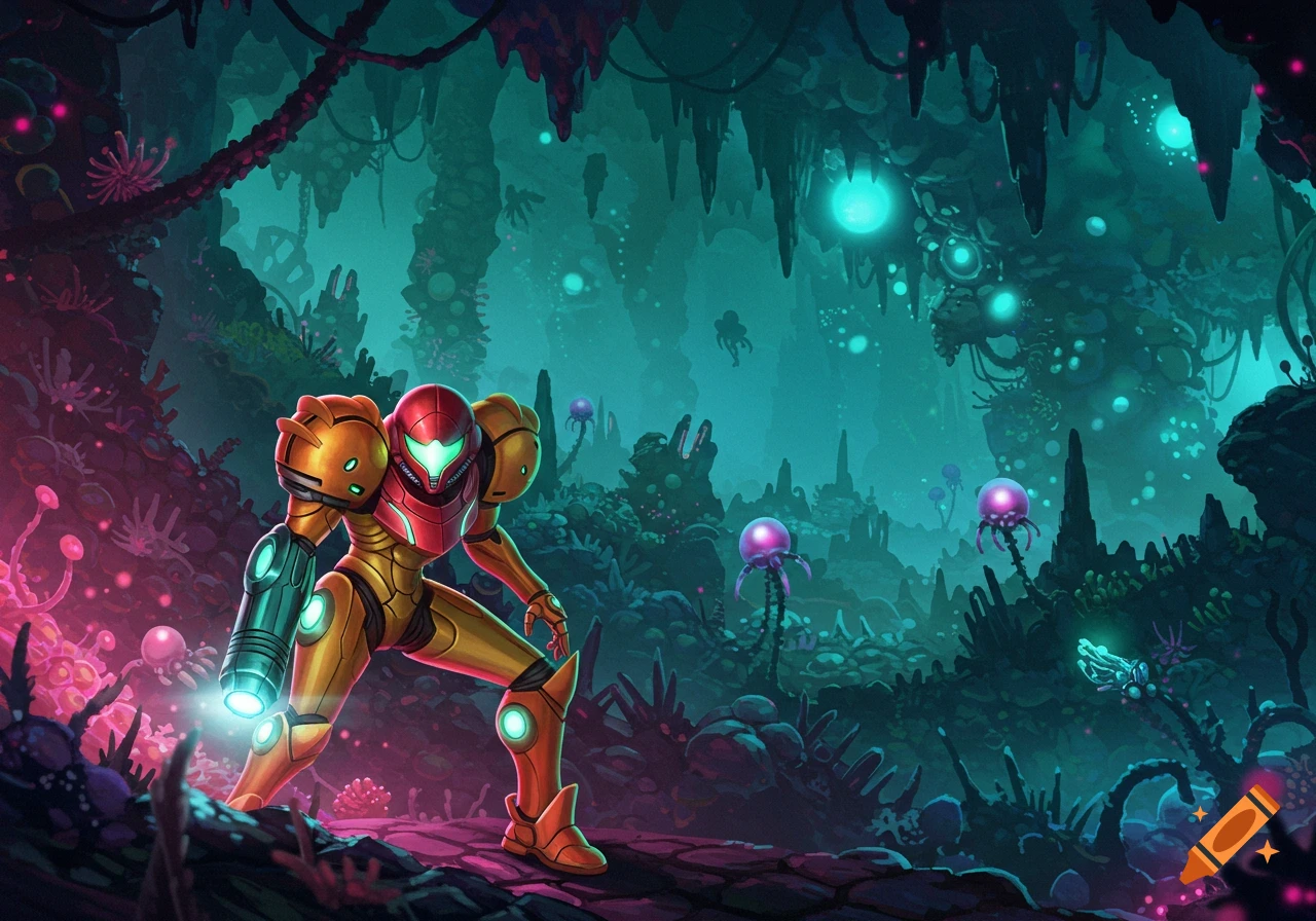 Samus Aran in a power suit stands in a bioluminescent alien cave with strange creatures.