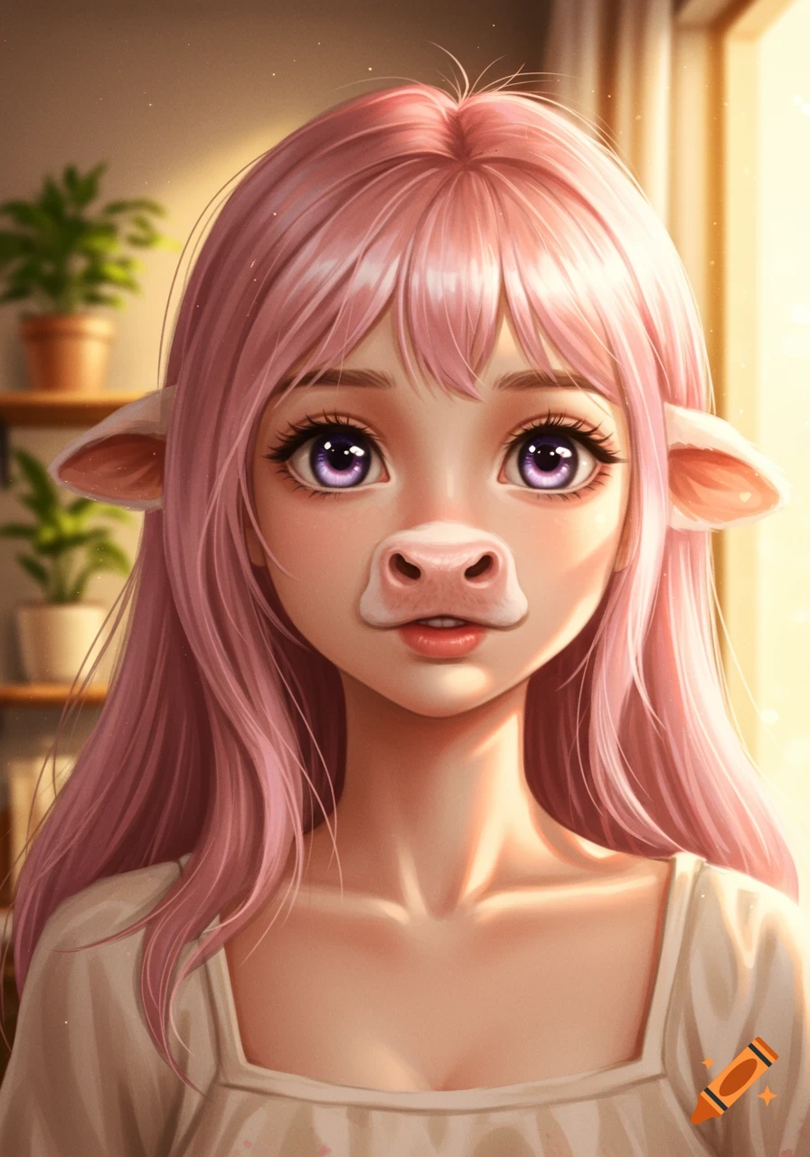 A stylized anime girl with long pink hair, big purple eyes, and a cow nose and ears, wearing a light top indoors.