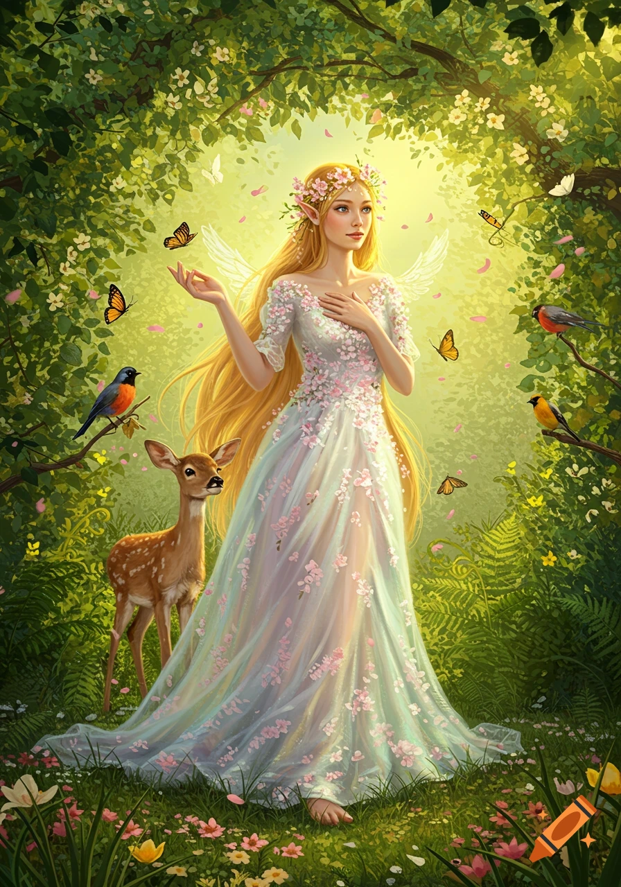 A blonde elf woman in a white floral dress stands in a lush, sunlit forest with a fawn, birds, and butterflies.