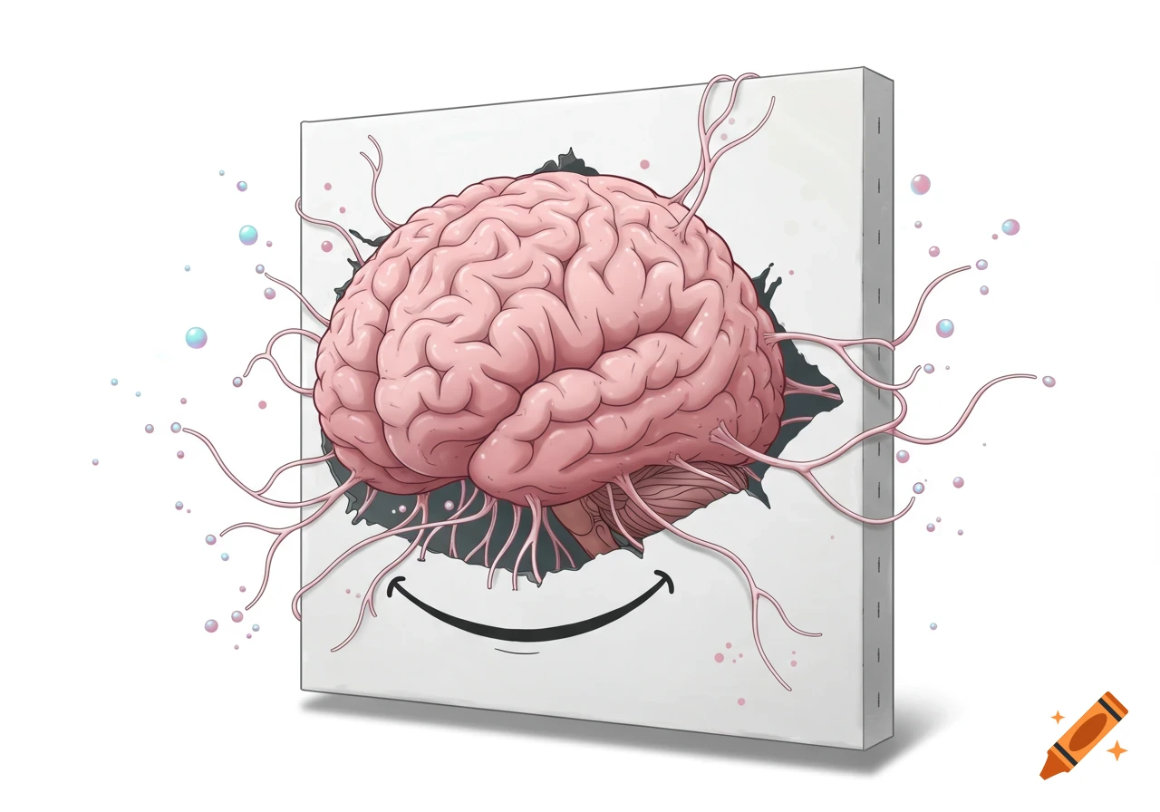 A stylized pink brain bursts through a white canvas, with root-like veins extending and a black smile drawn on the canvas.