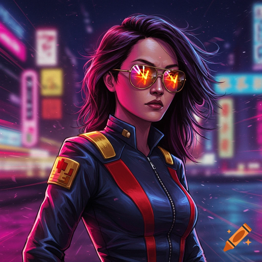 Close-up of an Asian woman with dark hair in sunglasses and a dark blue jacket with red and gold accents, standing in a neon-lit cyberpunk city at night in an 80s action movie art style.