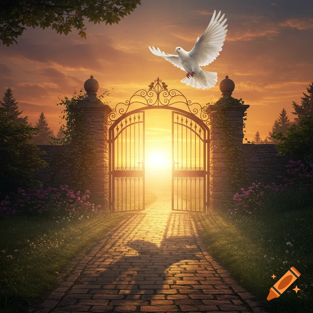 A white dove flies over a brick path leading to an ornate open gate with a bright sunset behind it, surrounded by lush greenery.