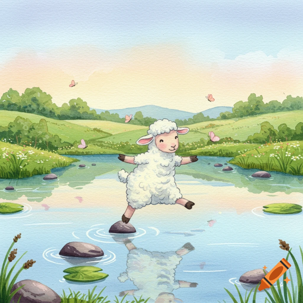 A cute watercolor lamb character skips across rocks in a shallow stream with green hills and butterflies in the background.