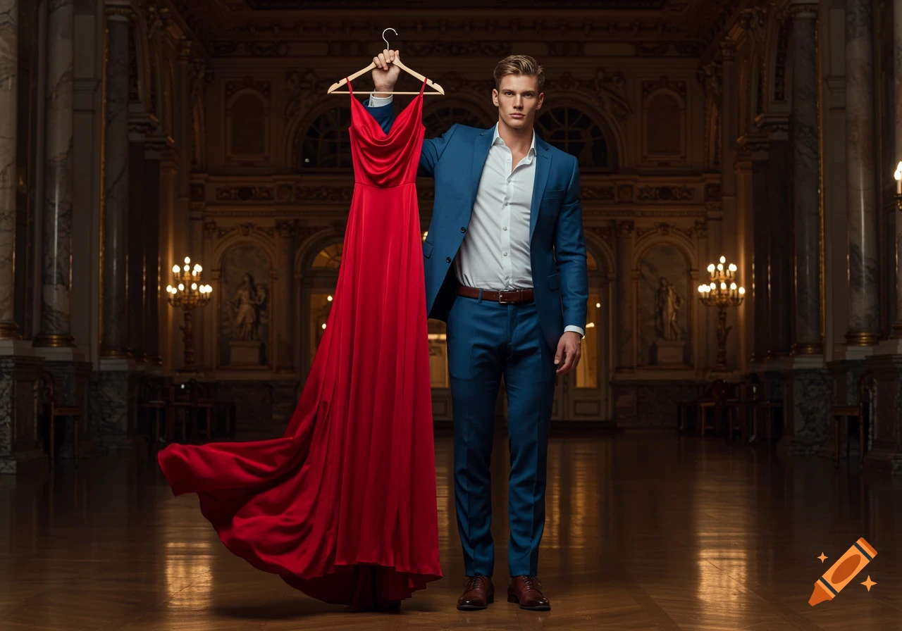 A handsome man in a blue suit holds a long red evening dress on a hanger in a grand, ornate hall.