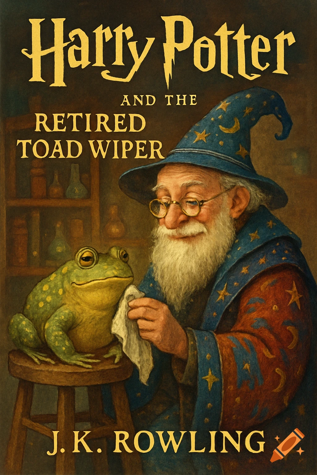 A detailed painting of a wizard wiping a toad on a stool, styled as a 'Harry Potter' book cover titled 'The Retired Toad Wiper'.