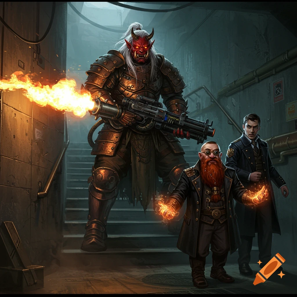 A towering Oni Orc with a flamethrower, a dwarf with glowing hands, and a human stand in a dark, gritty steampunk-cyberpunk stairwell.