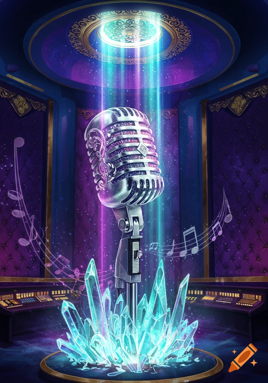 A magical recording studio with a shimmering vintage microphone, surrounded by glowing blue crystals and musical notes, bathed in purple and blue light.