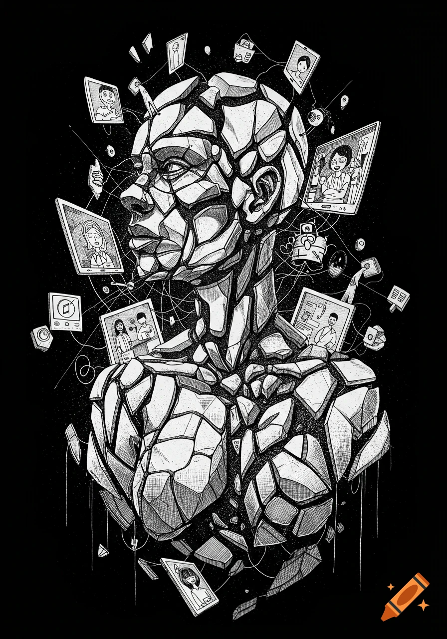 Fineliner drawing of a crumbling human torso and head, surrounded by floating screens displaying faces and abstract symbols.