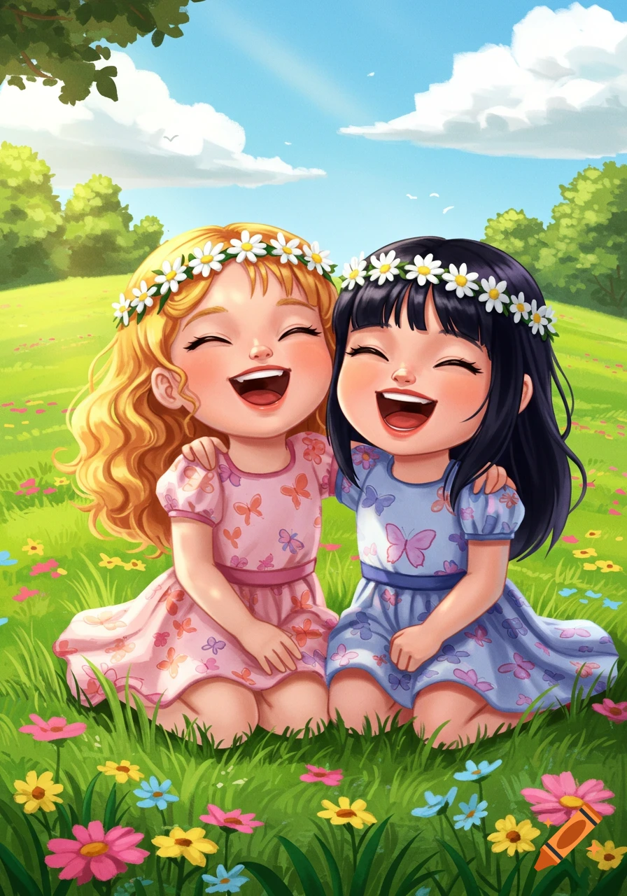 Two cute cartoon girls with flower crowns laughing and hugging in a vibrant grassy field with colorful flowers.