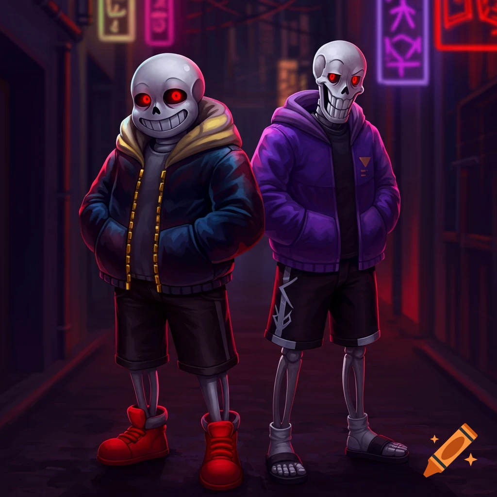 Two stylized skeleton characters, Sans and Papyrus, in hoodies and shorts, stand in a dark, neon-lit alley.