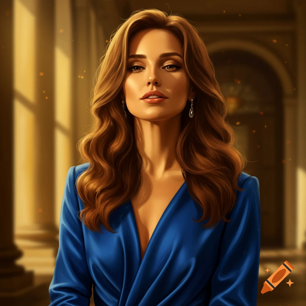 A beautiful woman with long brown wavy hair, wearing a blue V-neck dress, standing in a dimly lit ornate hall.