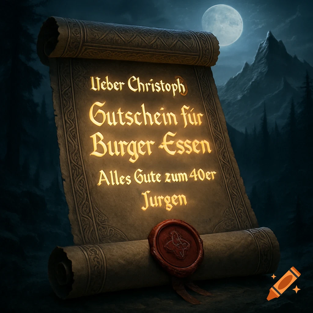 A fantasy-style scroll with glowing golden text. The text reads: "Lieber Christoph, Gutschein für Burger Essen. Alles Gute zum 40er. Jürgen". A red wax seal is at the bottom, and a full moon and mountains are in the dark background.