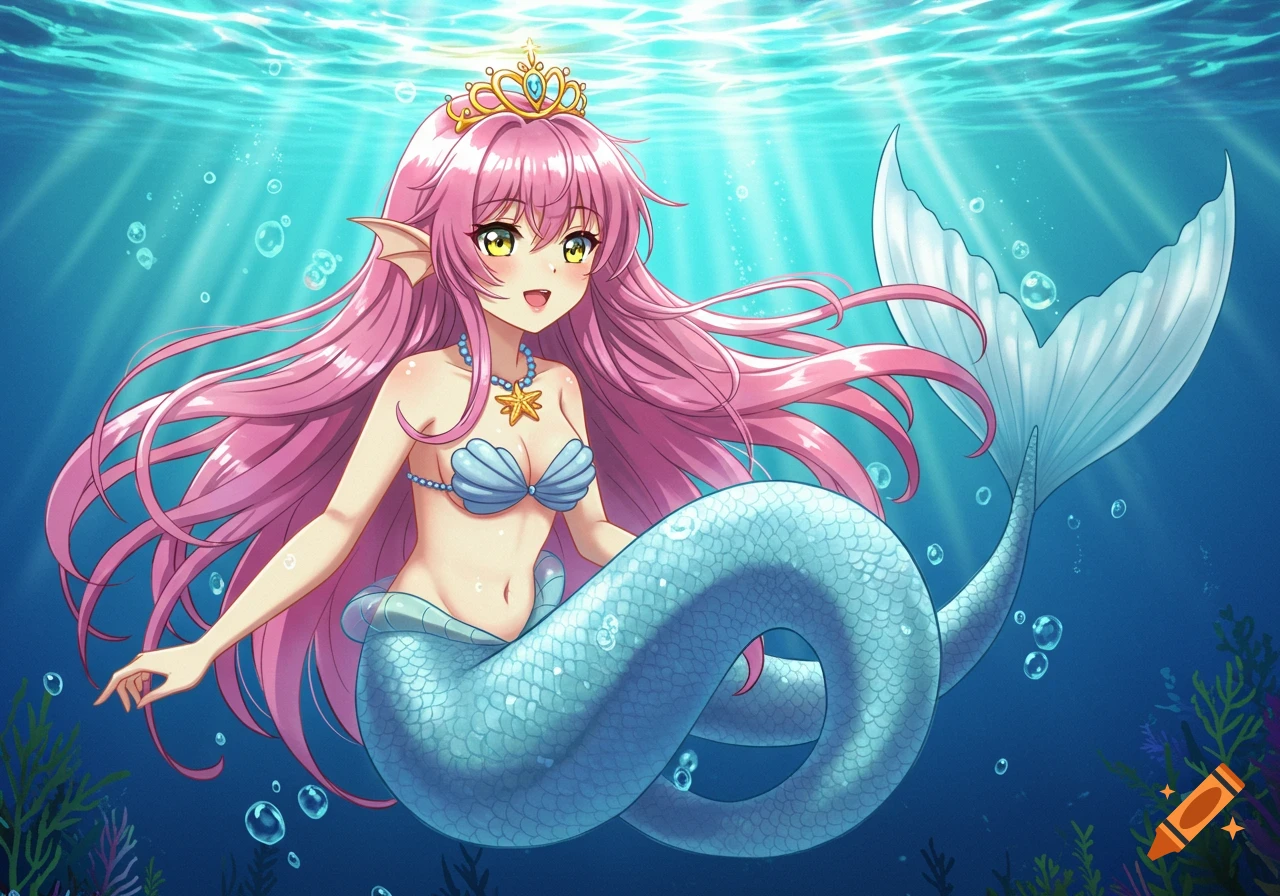 An anime mermaid with long pink hair, yellow eyes, a golden tiara, a blue seashell top, and a light blue scaled tail swims in clear blue water.