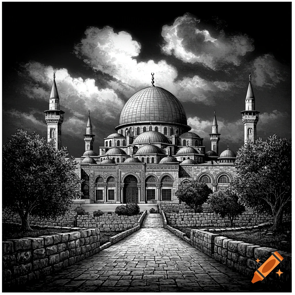 Detailed black and white illustration of a grand mosque with a large dome and multiple minarets, approached by a stone path under a cloudy sky.
