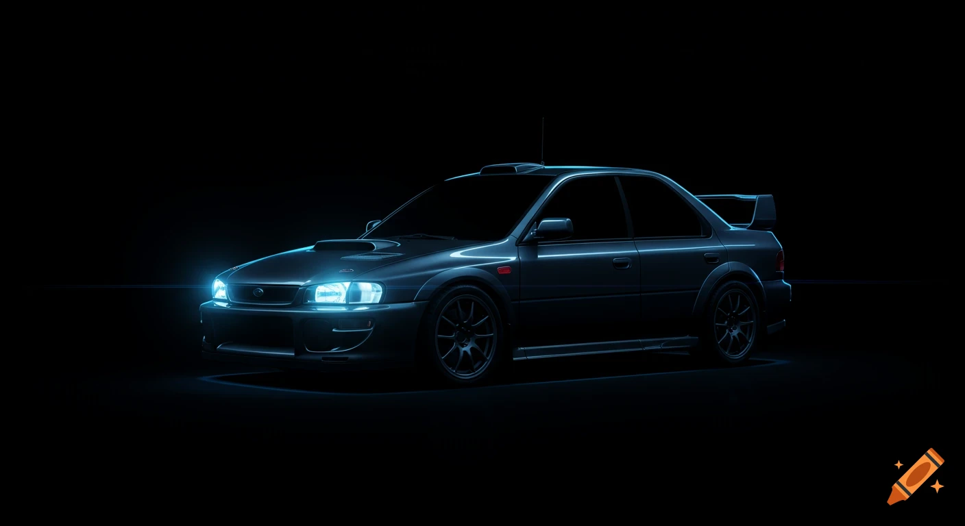 A dark blue Subaru Impreza WRX rally car with bright blue headlights on a black background.