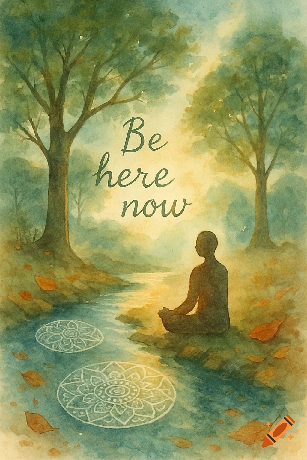 Watercolor painting of a person meditating by a river with trees and 'Be here now' text.