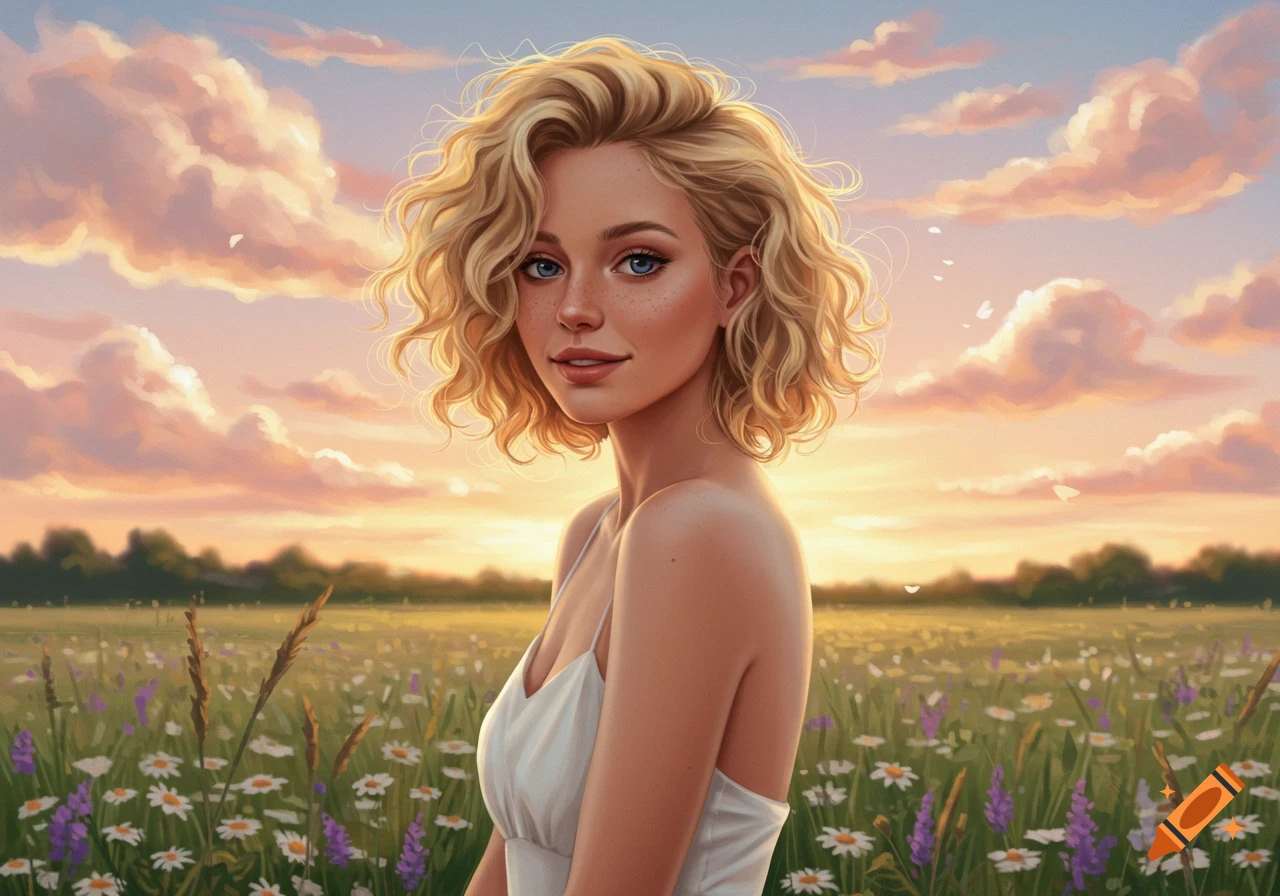 Smiling blonde woman with short curly hair in a field of wildflowers under a pastel sunset sky. Digital art.