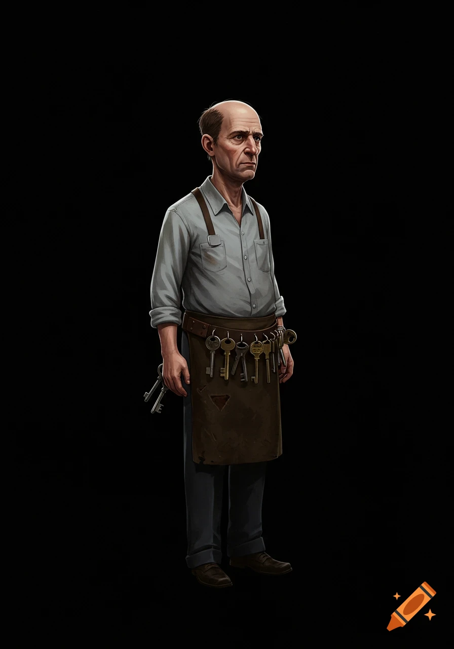 An illustration of a bald, middle-aged man in a grey shirt and brown apron adorned with many keys, standing in a black void.