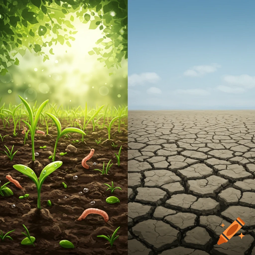 Illustration of a split screen showing fertile soil with green sprouts and worms on one side, and cracked, dry soil on the other.