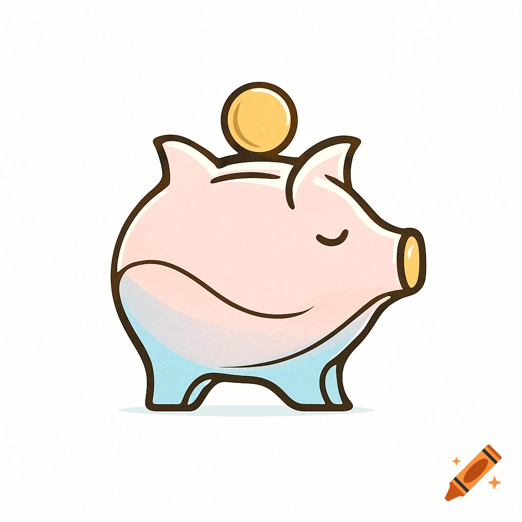 A cute, stylized pink piggy bank with blue accents and a golden coin on top, in a logo style.