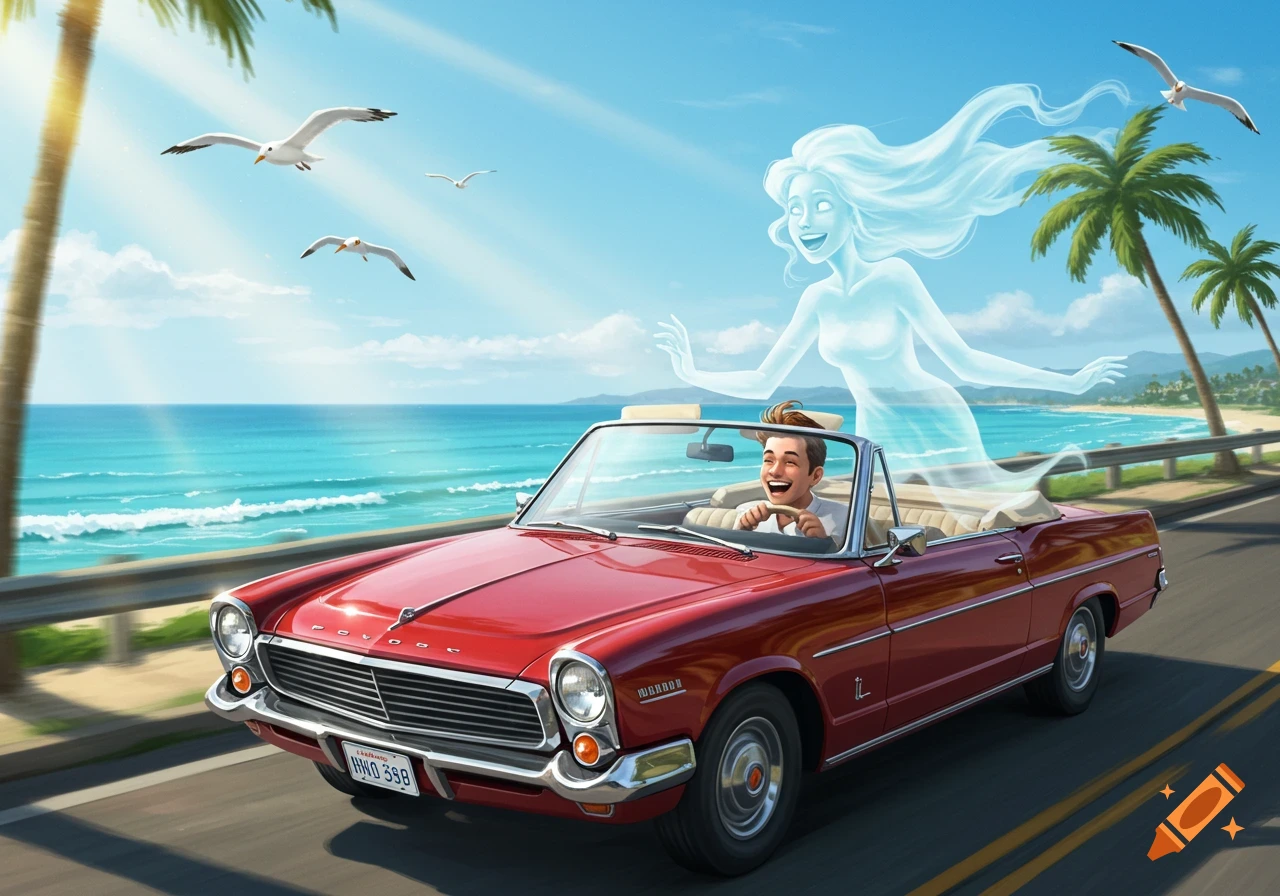 A happy man drives a red convertible along a sunny coastal road, with a transparent woman ghost laughing beside him.