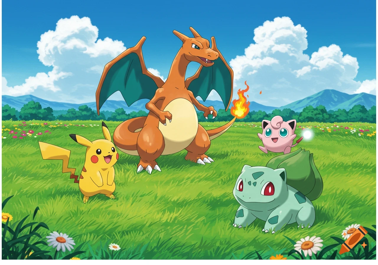 Charizard, Pikachu, Jigglypuff, and Bulbasaur in a bright grassy field under a blue sky, cartoon style.