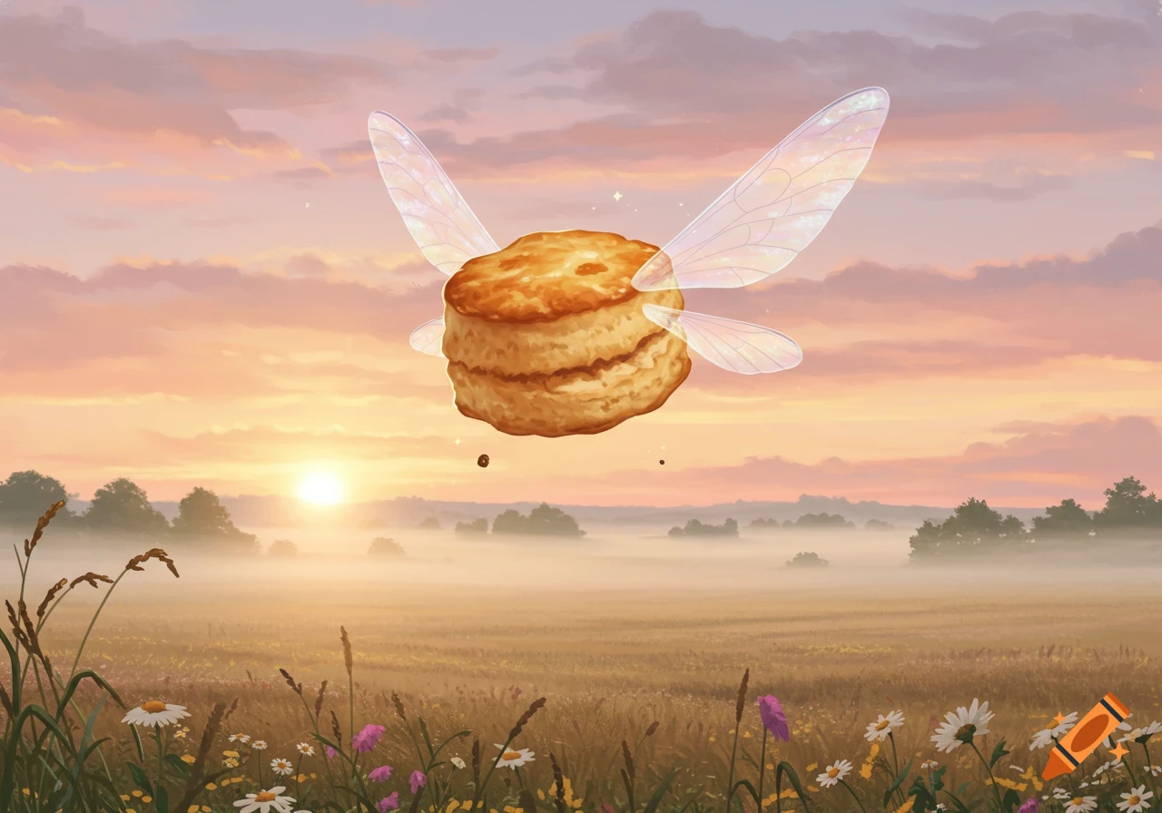 An illustrated scone with delicate, translucent wings flies over a misty field at sunrise, with a warm, colorful sky.