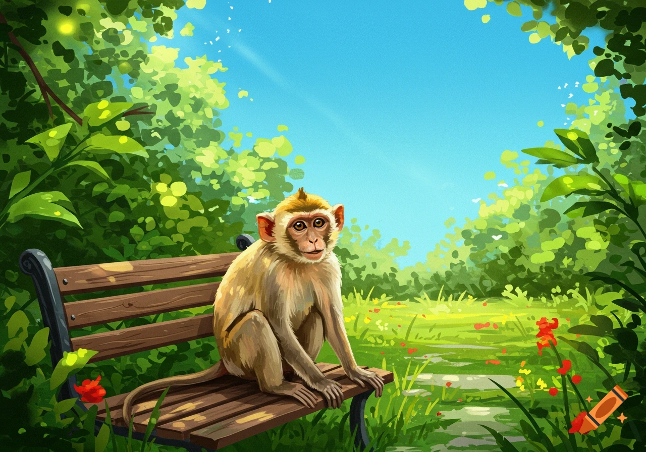 An illustrated monkey sits on a wooden park bench under a bright blue sky, surrounded by lush green foliage and red flowers.