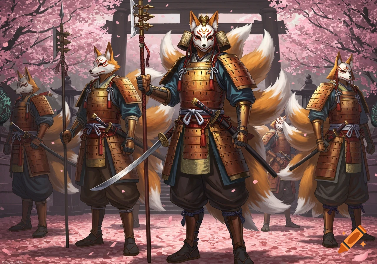 Anime illustration of armored humanoid kitsune warriors with multiple tails, holding polearms and swords under cherry blossoms at a shrine.