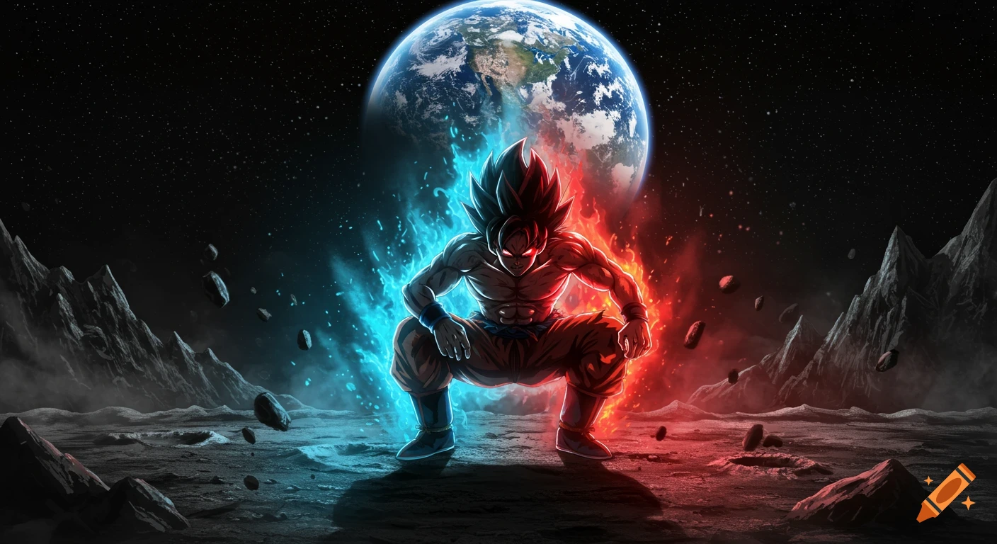 A powerful anime Saiyan warrior crouches on a rocky moon surface, surrounded by blue and red energy, with Earth in the background.