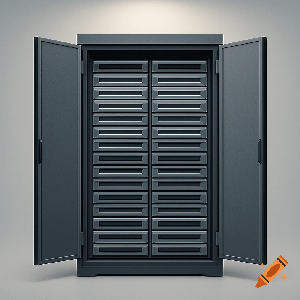 Dark gray server cabinet with two doors slightly open, revealing many horizontal slots inside, in an illustrative style.