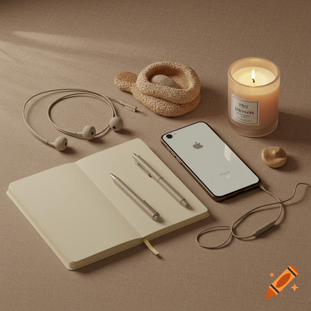 A neutral-toned flat lay of an open journal, two pens, an iPhone, wired headphones, a lit candle, and a decorative object.