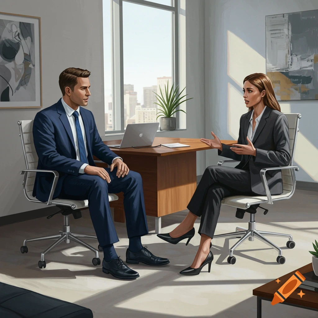 A man and woman in business suits have a job interview in a bright, modern office with a city view.