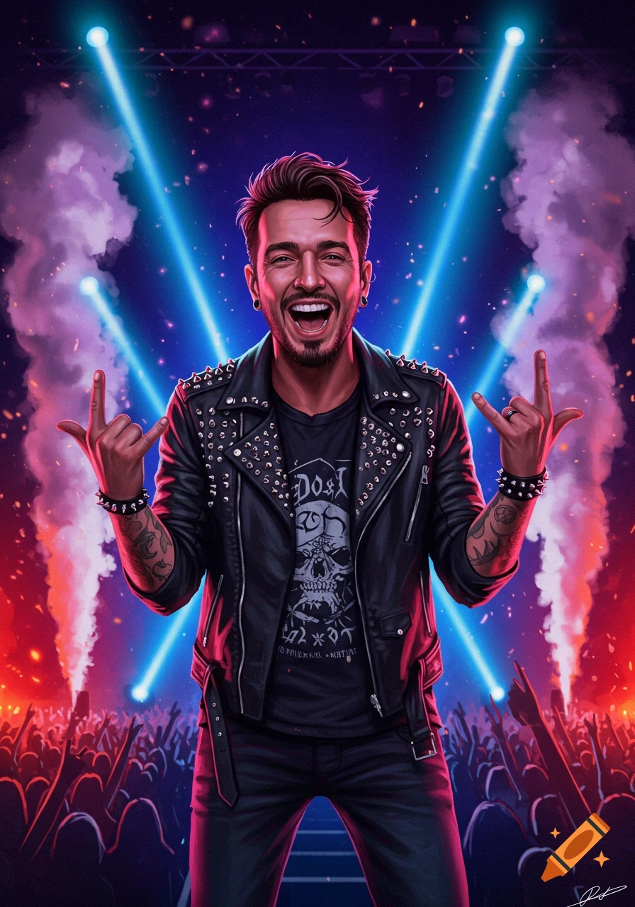 A man in a studded leather jacket, showing rock hand gestures at a vibrant concert with blue lights and smoke.