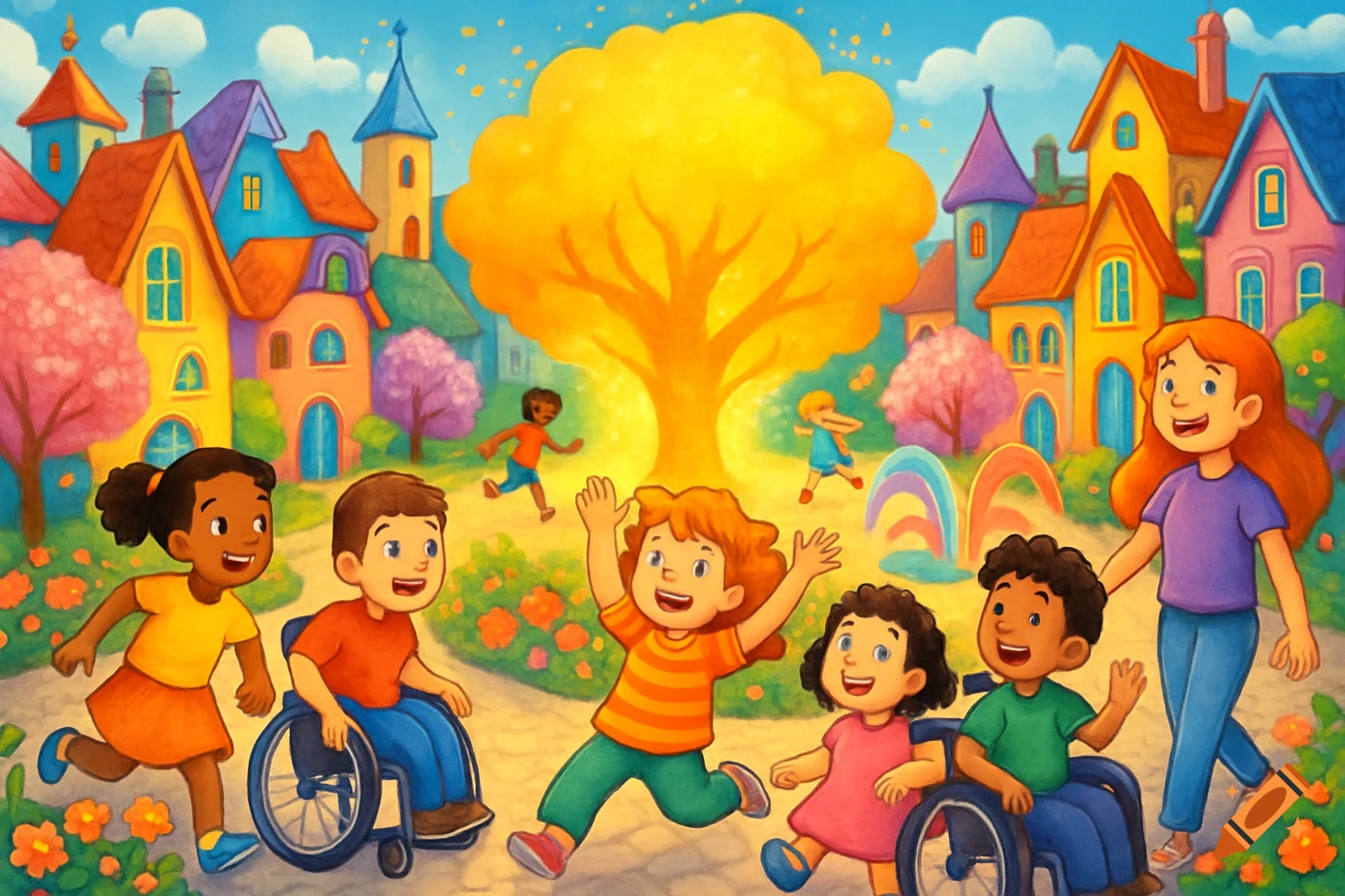 Diverse children, including some in wheelchairs, play happily in a vibrant, colorful cartoon fantasy town with whimsical houses and a bright yellow tree.