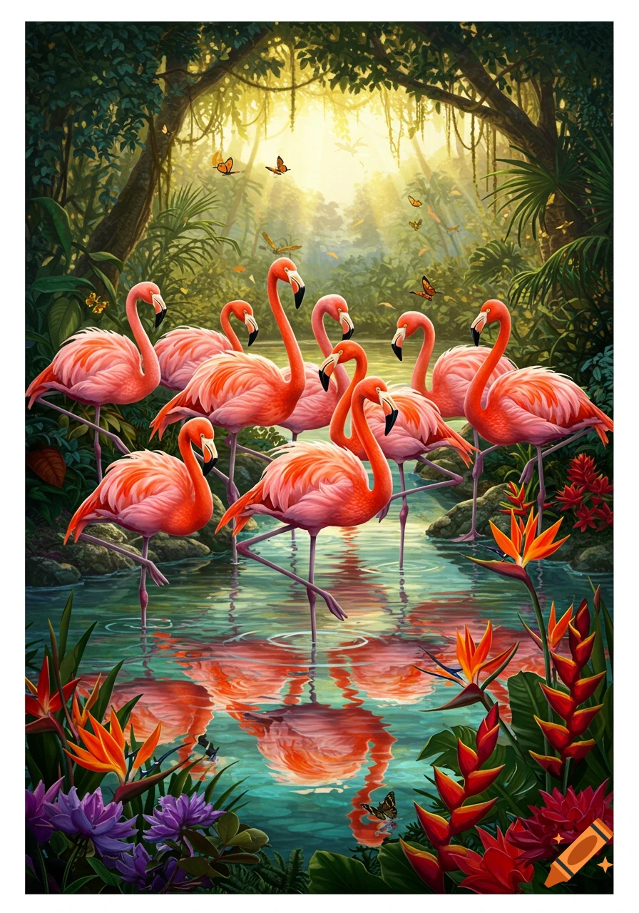 Vibrant illustration of a flock of pink flamingos wading in shallow water amidst a lush tropical jungle with sun rays and colorful flowers.