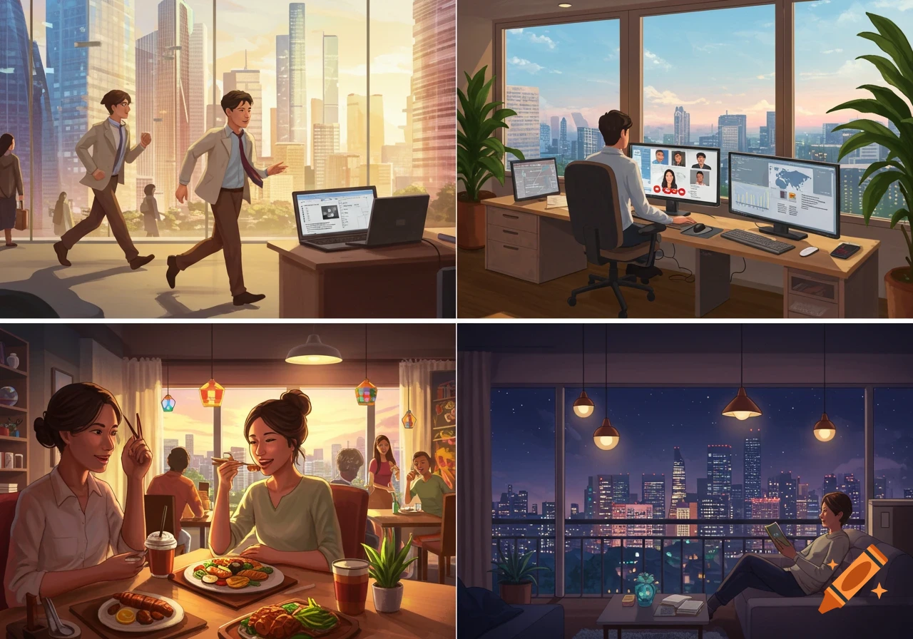 Four panels illustrate a person's day: walking in a city, working at a computer, eating at a restaurant, and reading on a couch at night overlooking a city.