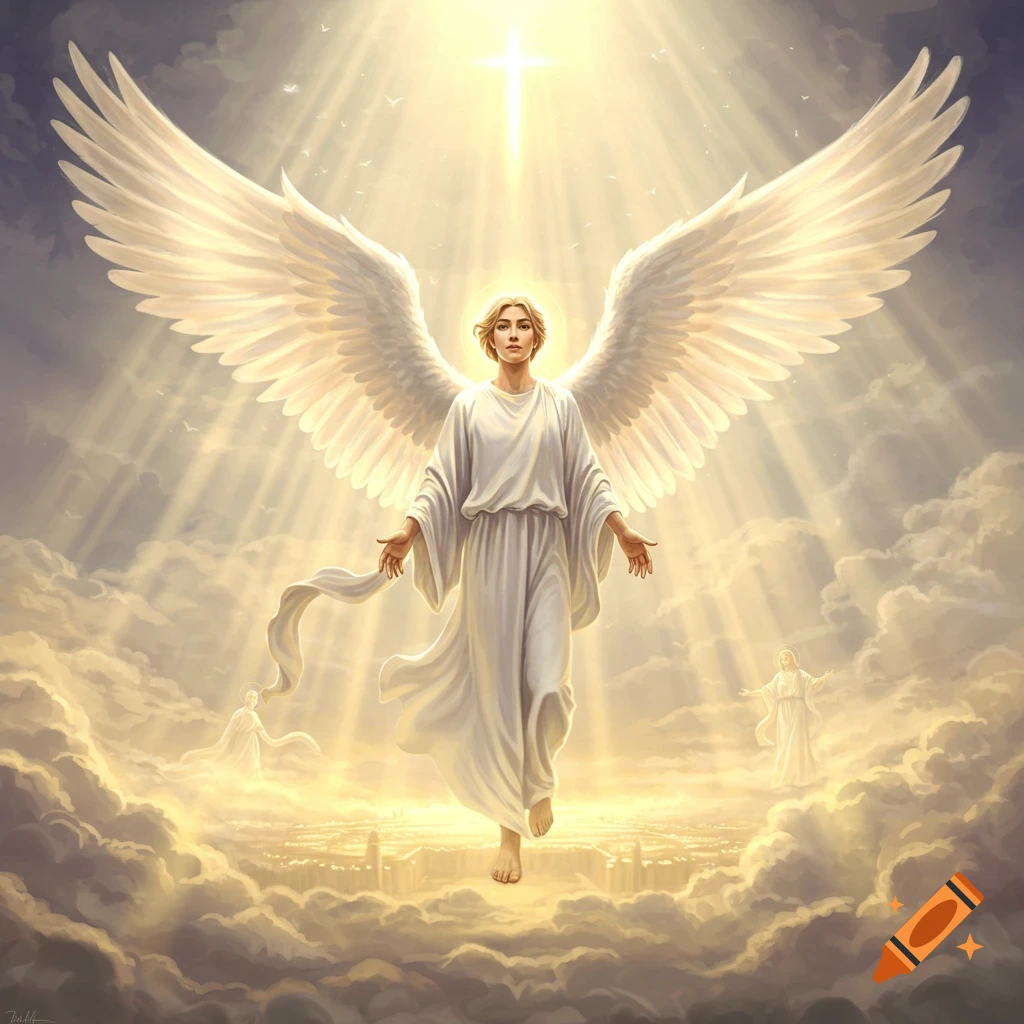 A majestic angel with large white wings stands on clouds, bathed in divine light emanating from a cross, with a glowing cityscape below.