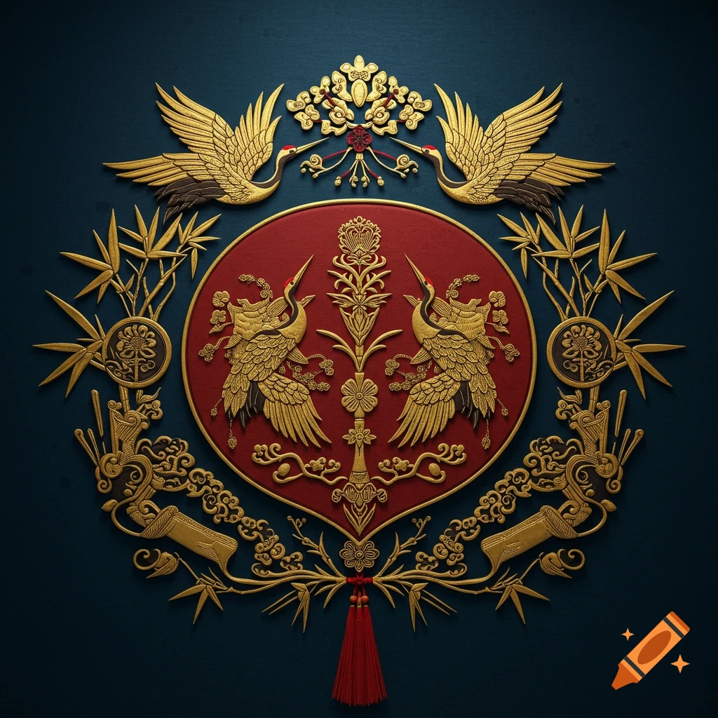 An ornate Korean-style family crest featuring golden cranes, bamboo, and floral motifs on a red and dark teal background, with a red tassel.
