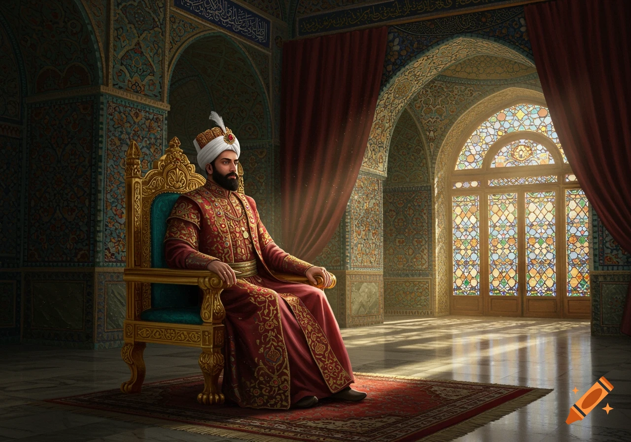 A bearded king in a richly embroidered red robe and white turban sits on a golden throne in an ornate palace with stained glass windows.