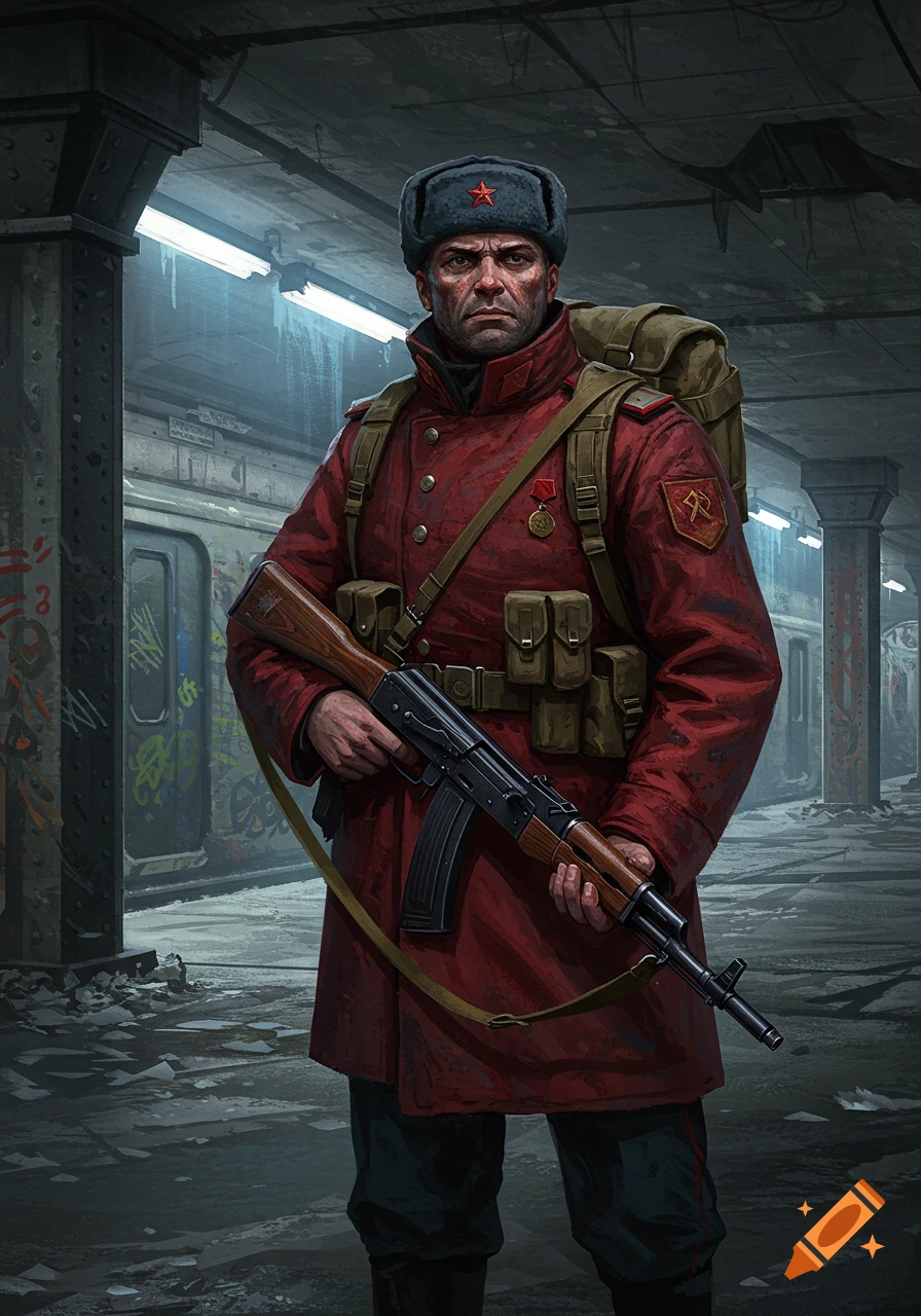 Digital art of a stern Soviet guard holding a rifle in a dilapidated, post-apocalyptic metro tunnel.
