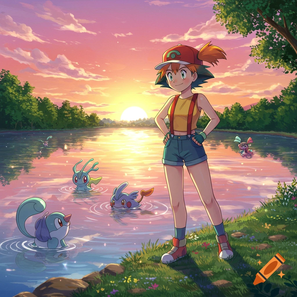 Misty from Pokemon stands by a lake at sunset with small creatures swimming in the water, in an anime style.