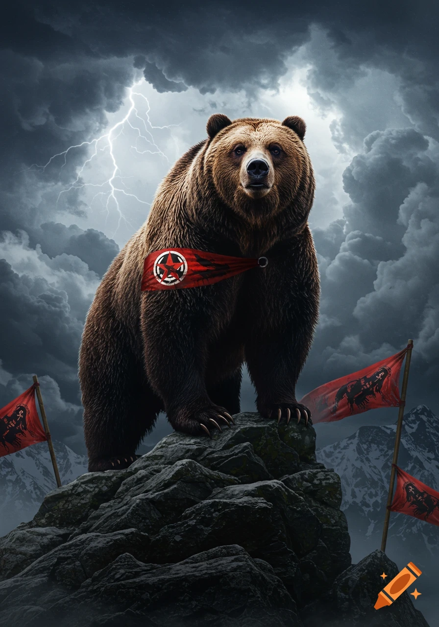 A majestic brown bear stands on a rocky mountain peak, wearing a red sash with a star symbol. Stormy sky with lightning and red flags are in the background.