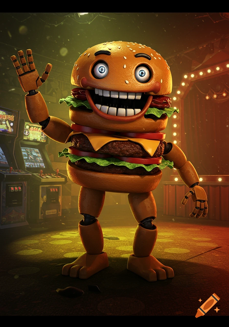 A creepy, stylized animatronic hamburger man with wide eyes and a big smile waves in a dark, retro arcade.