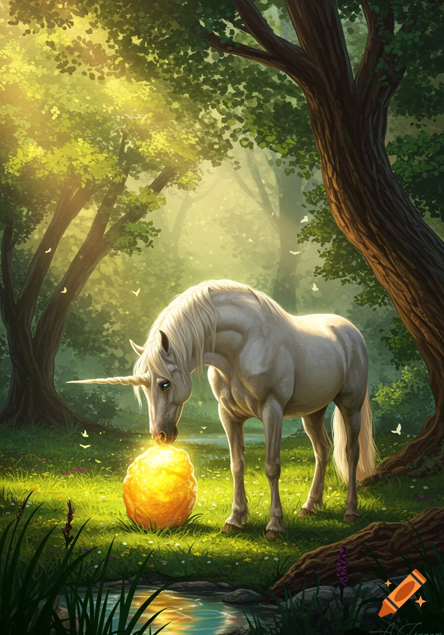A majestic white unicorn with a blue eye gently touches a glowing yellow orb in a sunlit magical forest with a stream.