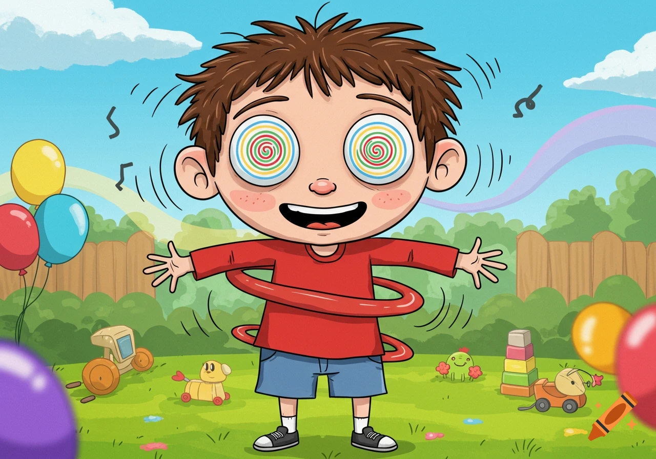 A cartoon boy with swirly, dizzy eyes hula-hooping in a sunny backyard with toys and balloons.